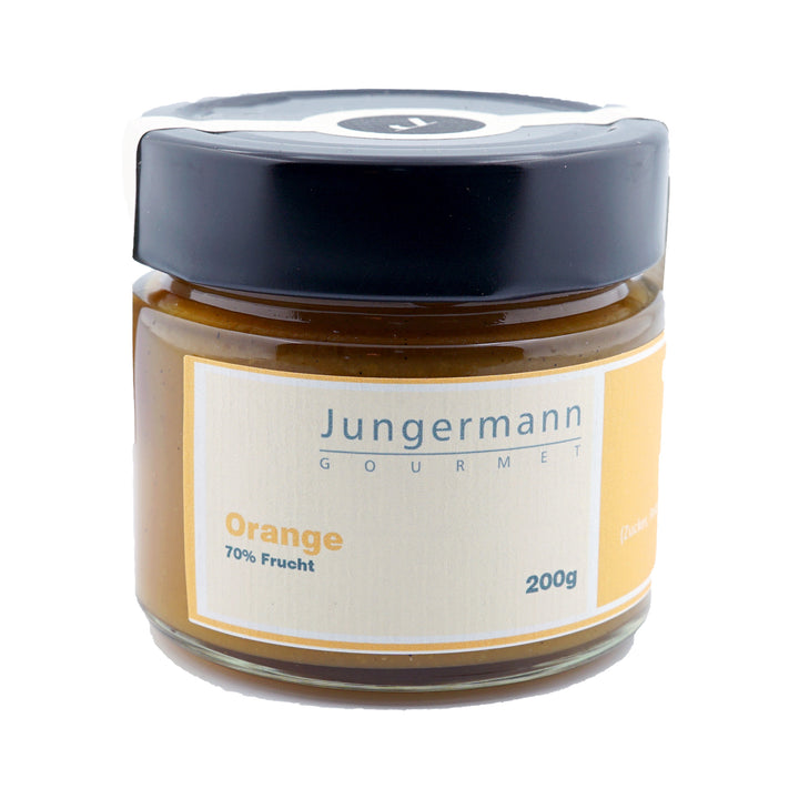 Orangen Aufstrich von Jungermann Gourmet, Produktansicht vor weißem Hintergrund.