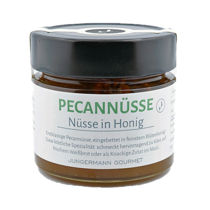 Pecannüsse in Honig von Jungermann Gourmet, Produktansicht vor weißem Hintergrund.