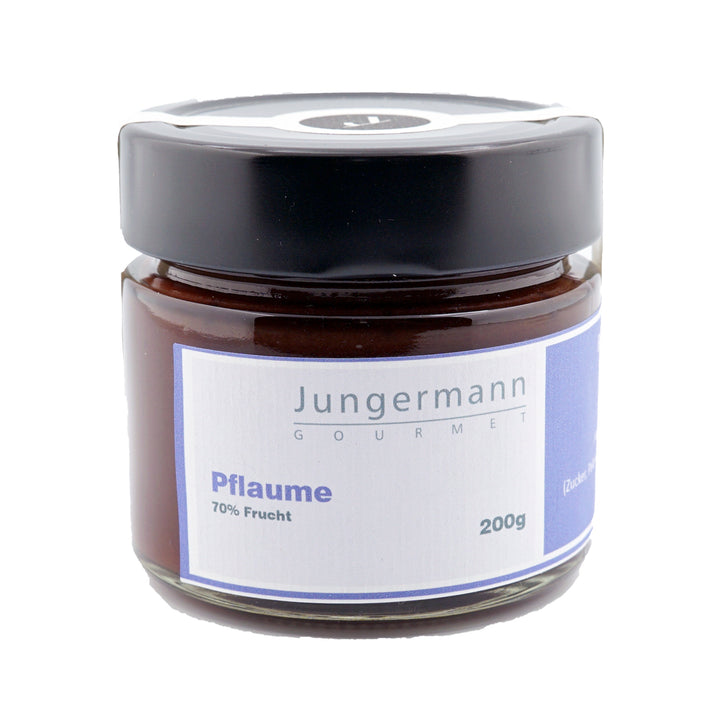 Pflaumen Aufstrich von Jungermann Gourmet, Produktansicht vor weißem Hintergrund.