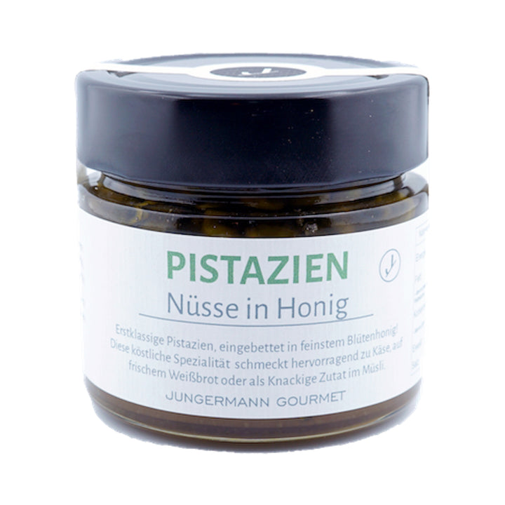 Pistazien in Honig von Jungermann Gourmet, Produktansicht vor weißem Hintergrund.