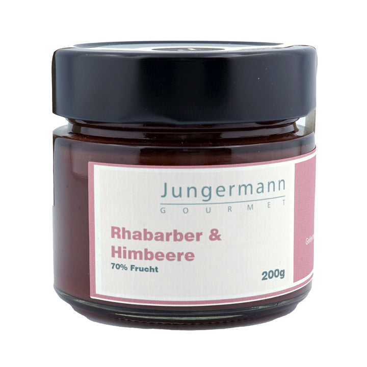 Rhabarber &amp; Himbeer Aufstrich von Jungermann Gourmet, Produktansicht vor weißem Hintergrund.