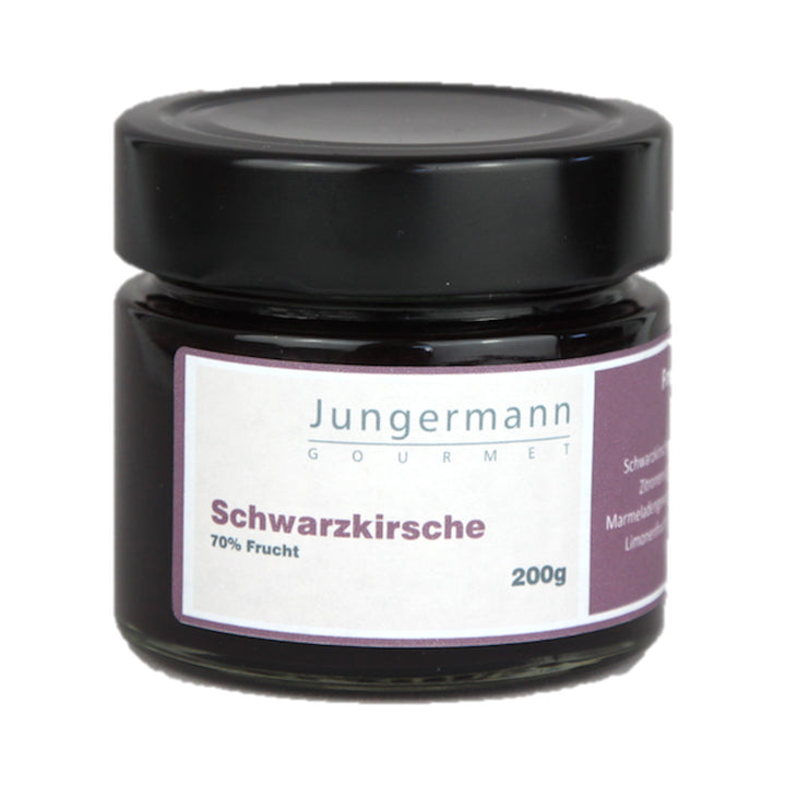 Schwarzkirsch Aufstrich von Jungermann Gourmet, Produktansicht vor weißem Hintergrund.