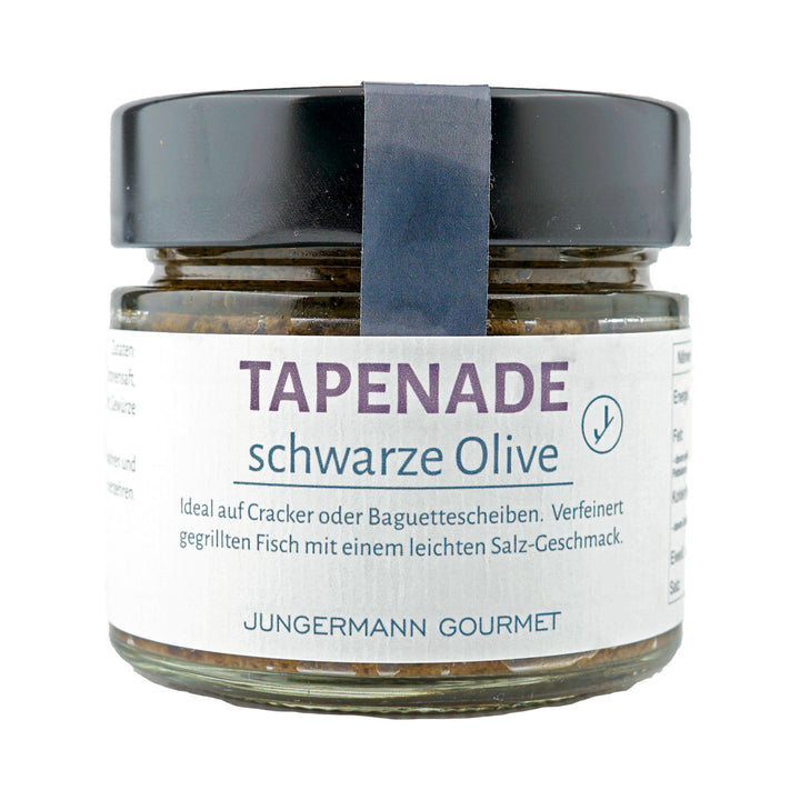Tapenade schwarze Olive von Jungermann Gourmet, Produktansicht vor weißem Hintergrund.