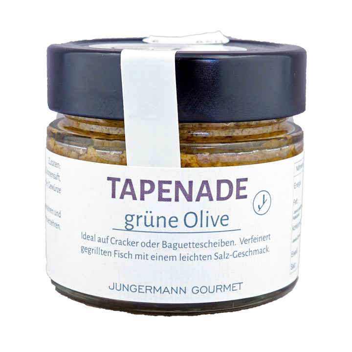 Tapenade grüne Olive von Jungermann Gourmet, Produktansicht vor weißem Hintergrund.