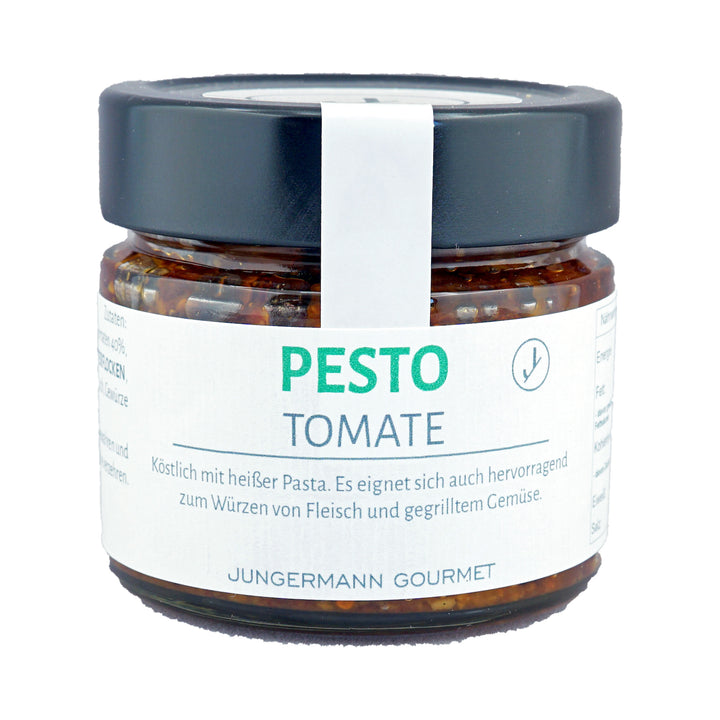 Tomatenpesto von Jungermann Gourmet, Produktansicht vor weißem Hintergrund.