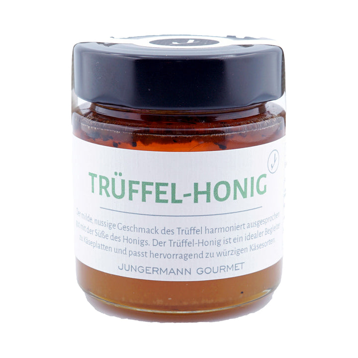 Trüffel Honig von Jungermann Gourmet, Produktansicht vor weißem Hintergrund.